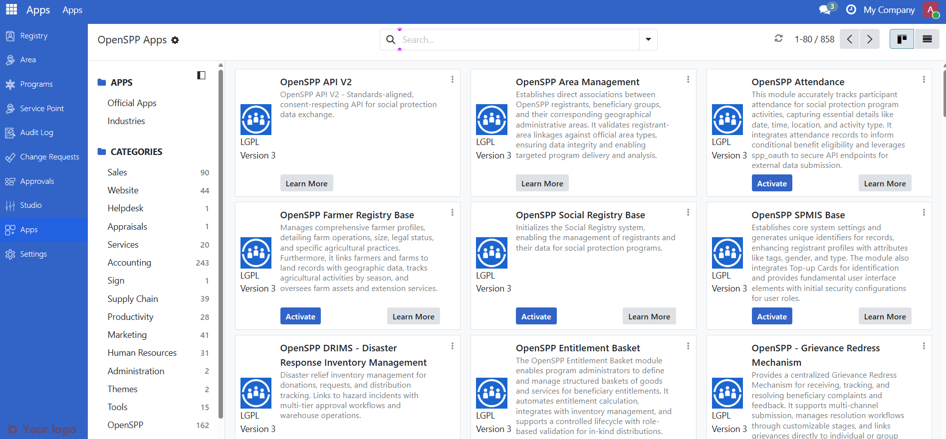 OpenSPP Apps menu interface