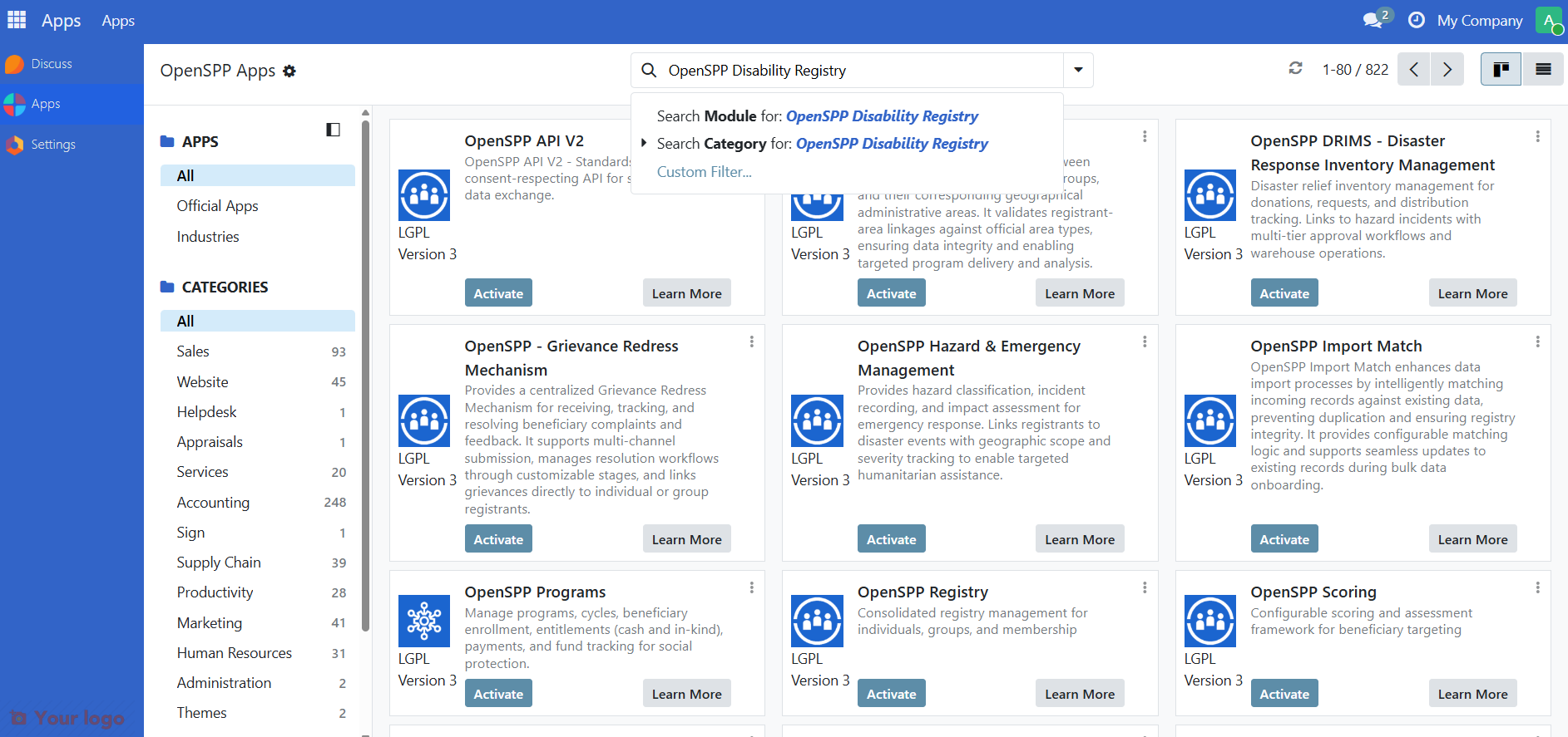 Searching for the Disability Registry module in Apps