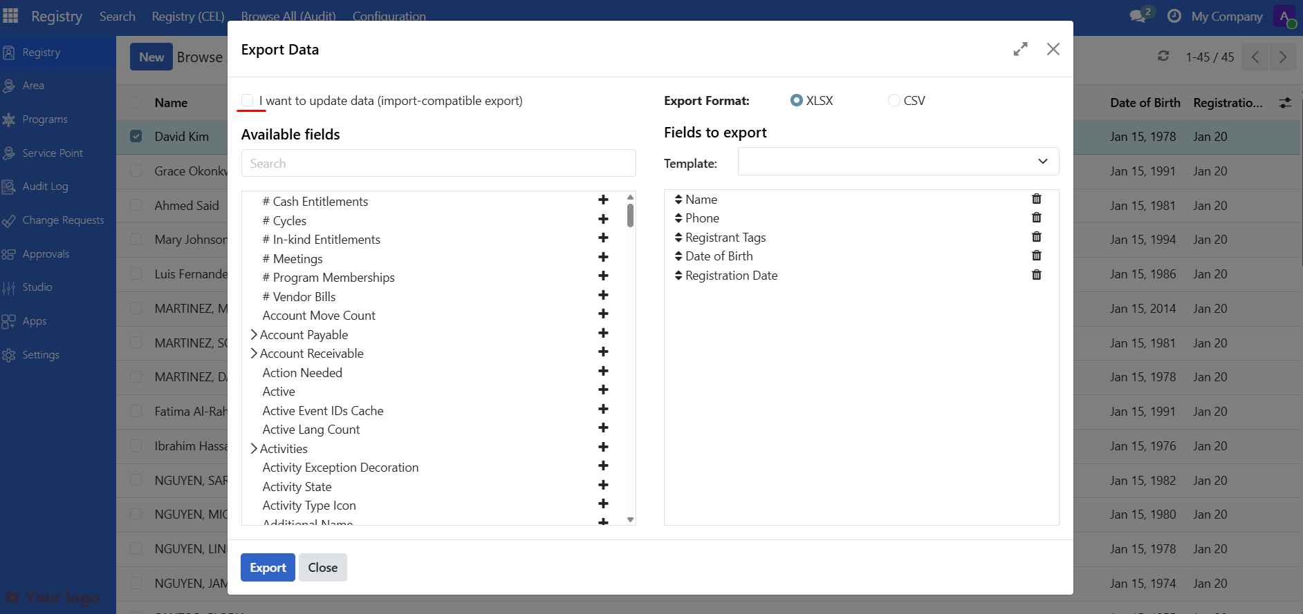 Export template