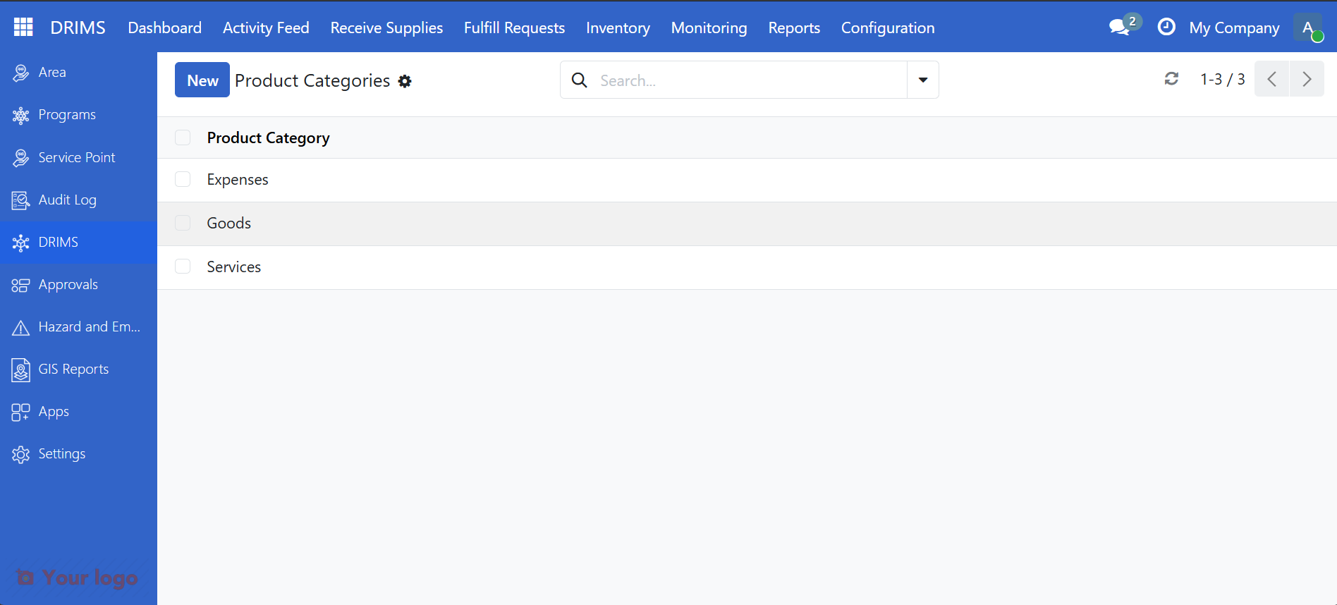 DRIMS Product Categories list view