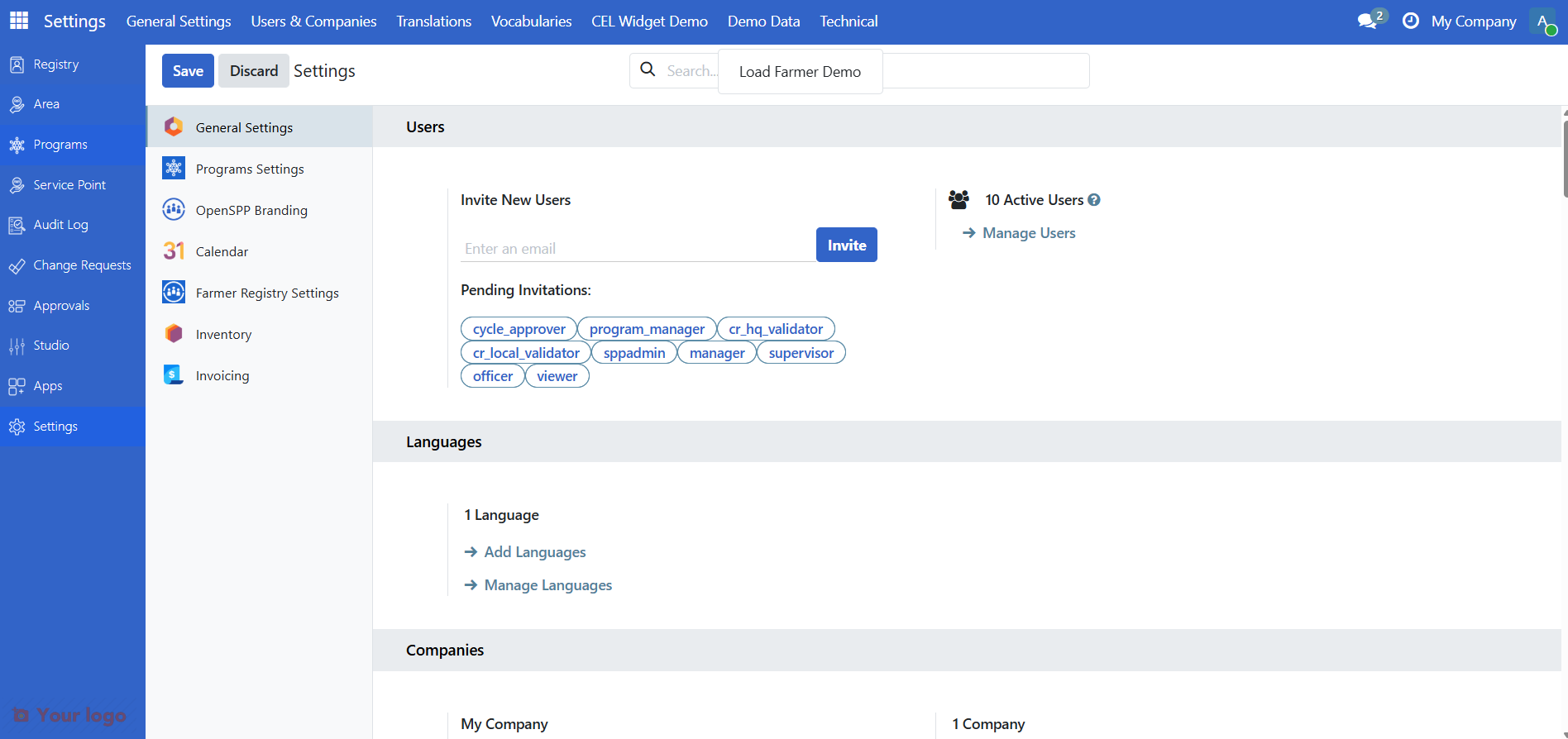 Screenshot: Settings with Demo Data menu