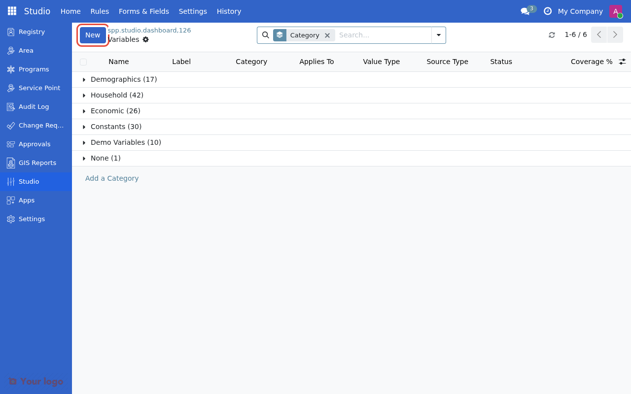 Variables list view with New button highlighted