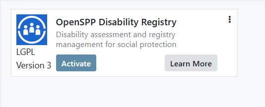 Disability Registry module activation screen