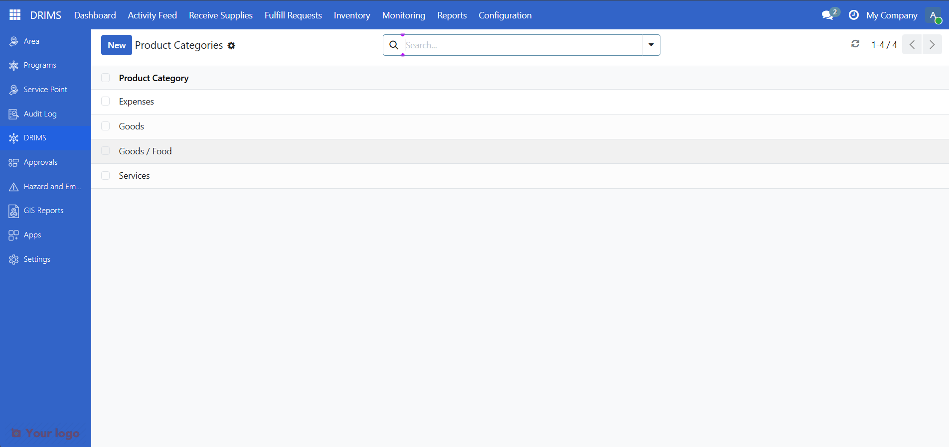 New product category form with name and parent category fields