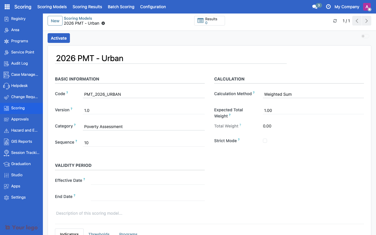 Scoring model form showing code, category, calculation method, and validity period
