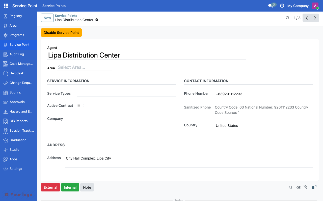 Service point form with agent name, area, phone, and address fields