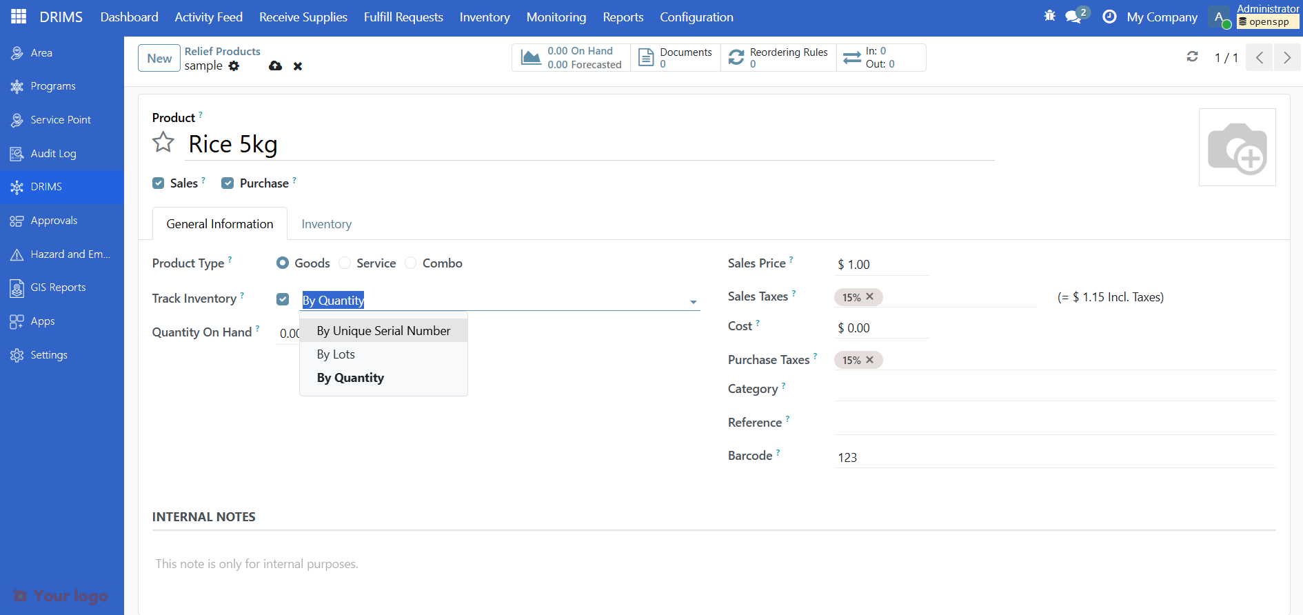 DRIMS Products list view showing product name, category, and tracking columns