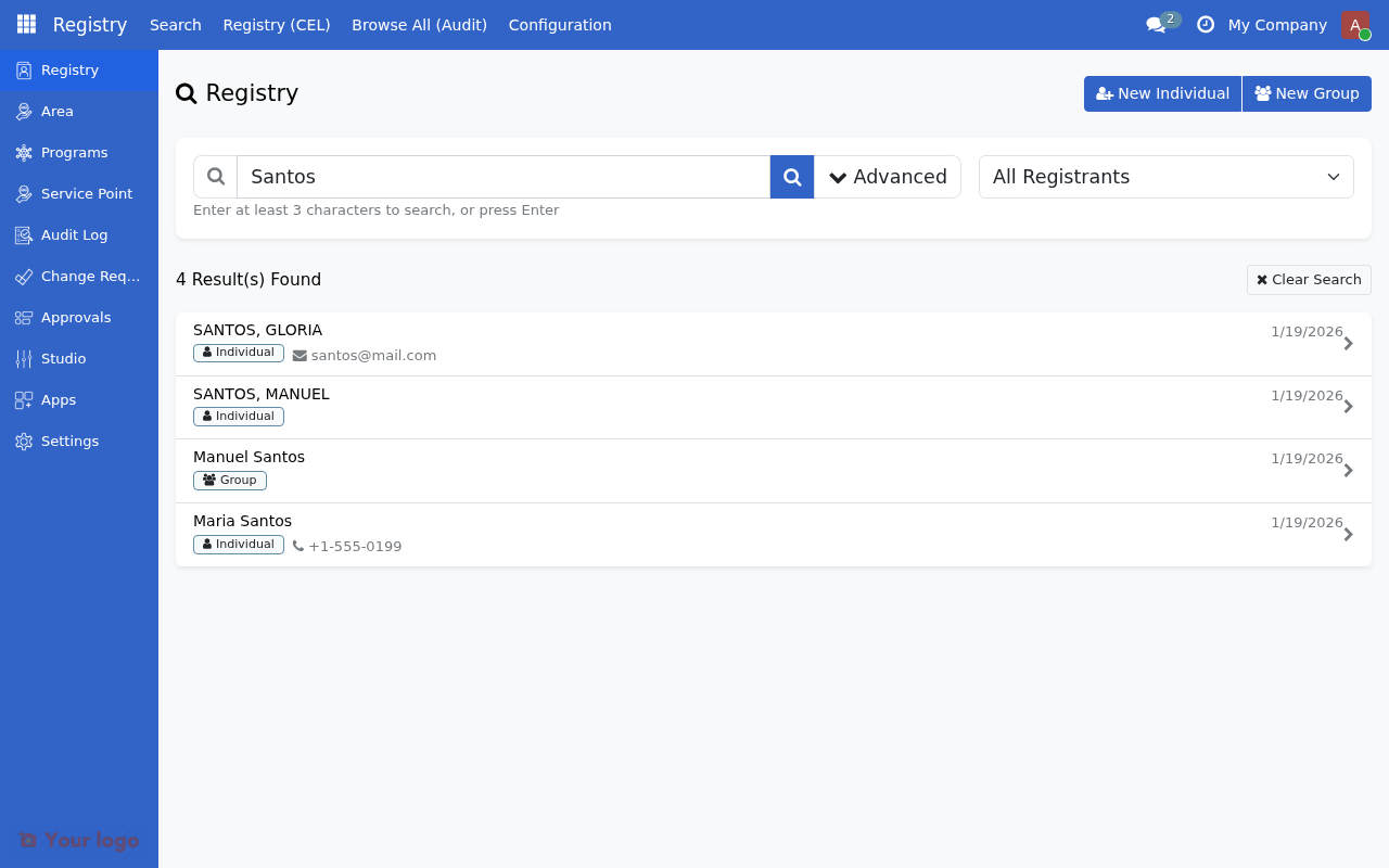 Search results list