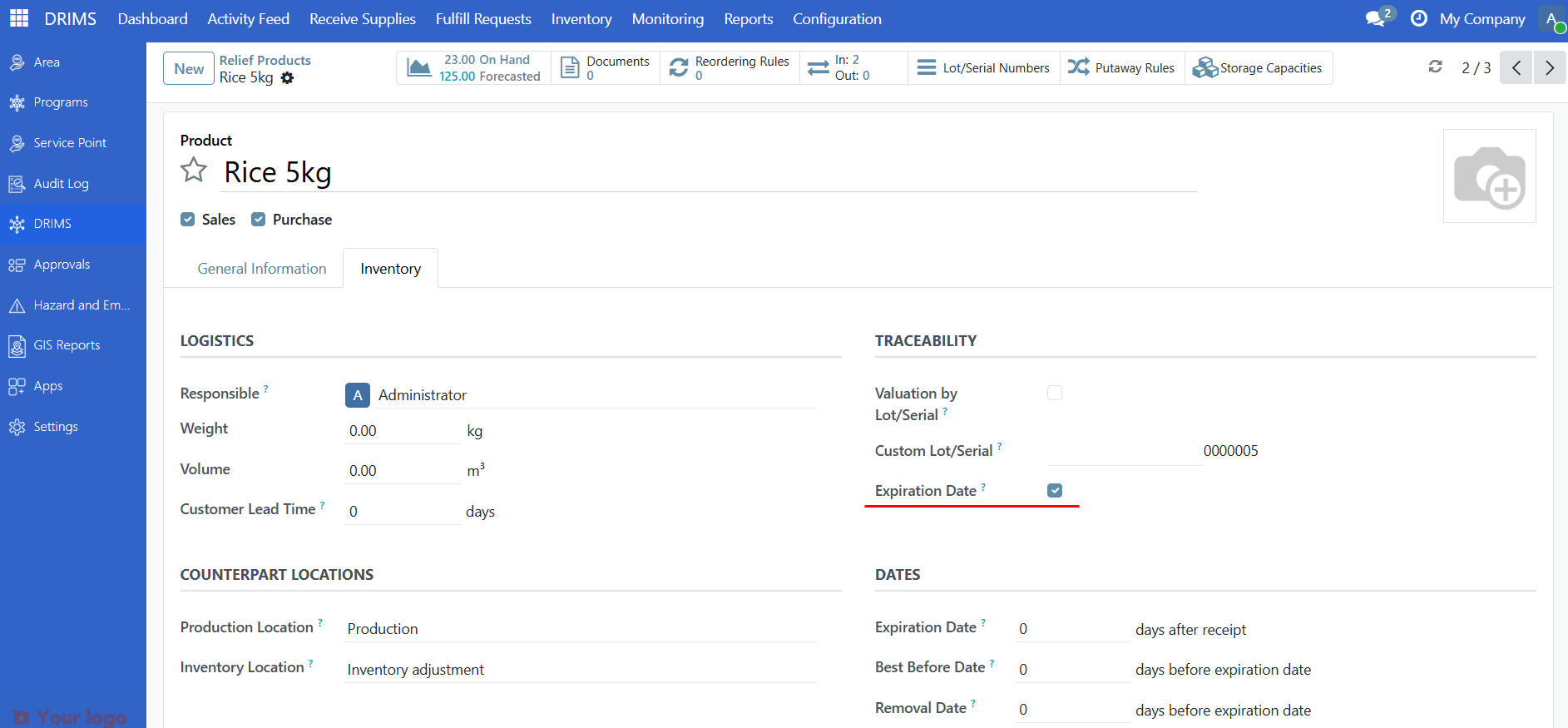 Product Inventory tab showing the Expiration Date checkbox