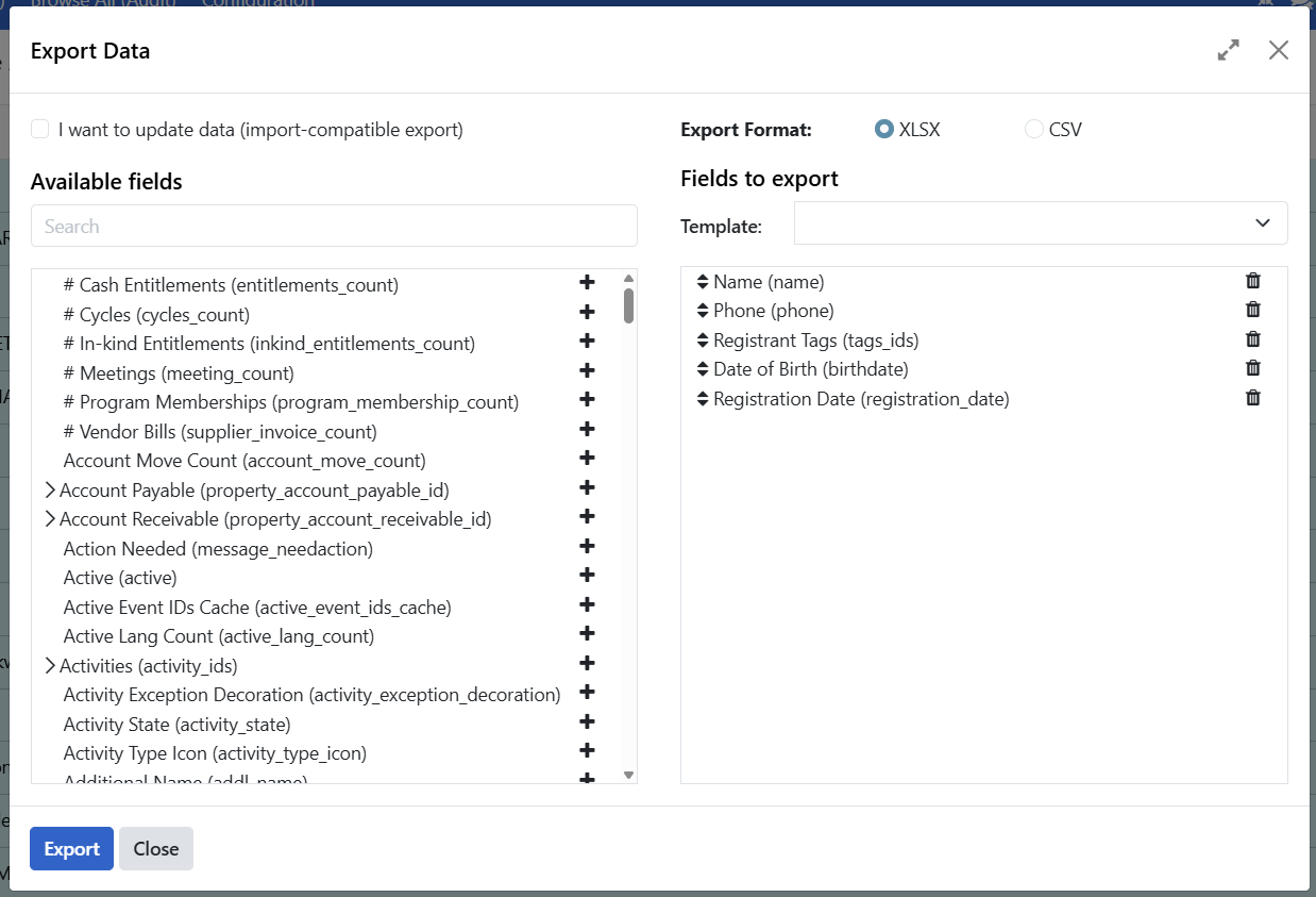 Export dialog with field selection