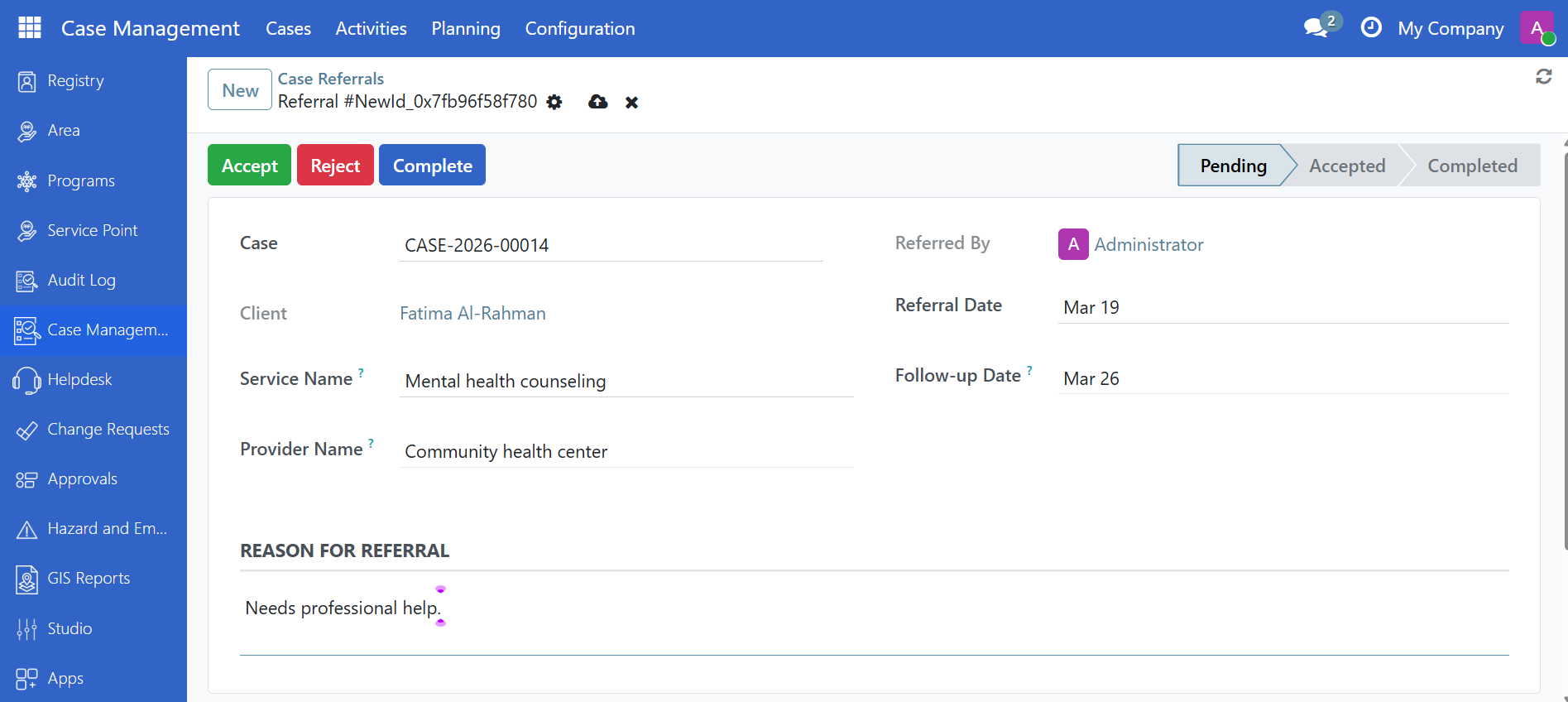 Case form showing the activity tabs: Visits, Notes, Referrals, and their counts