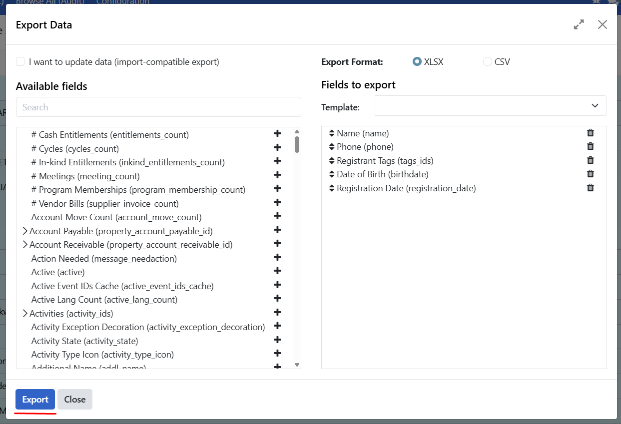 Export button