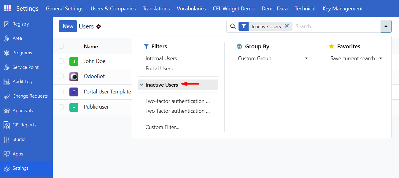Users list with Filters and Inactive Users