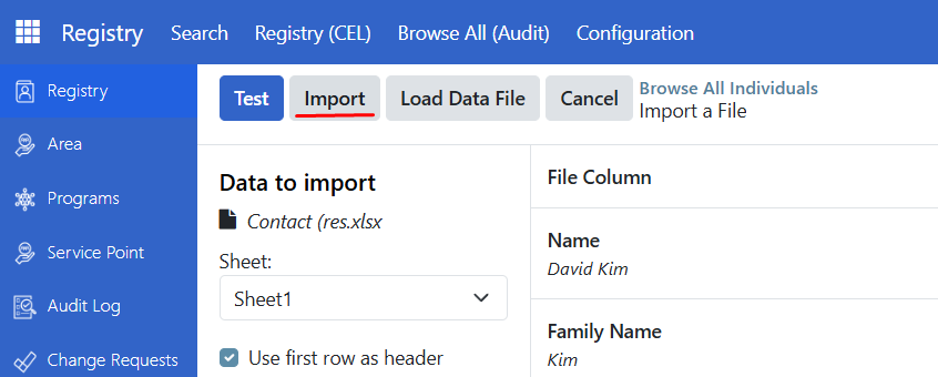 Import button