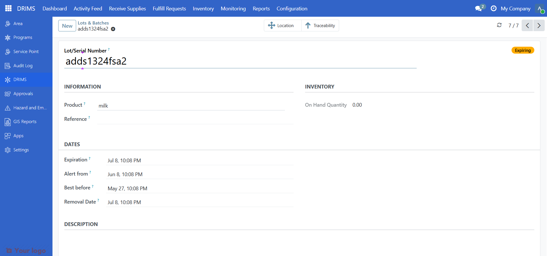 Lot form showing the Dates section with Expiration, Alert from, Best before, and Removal Date fields