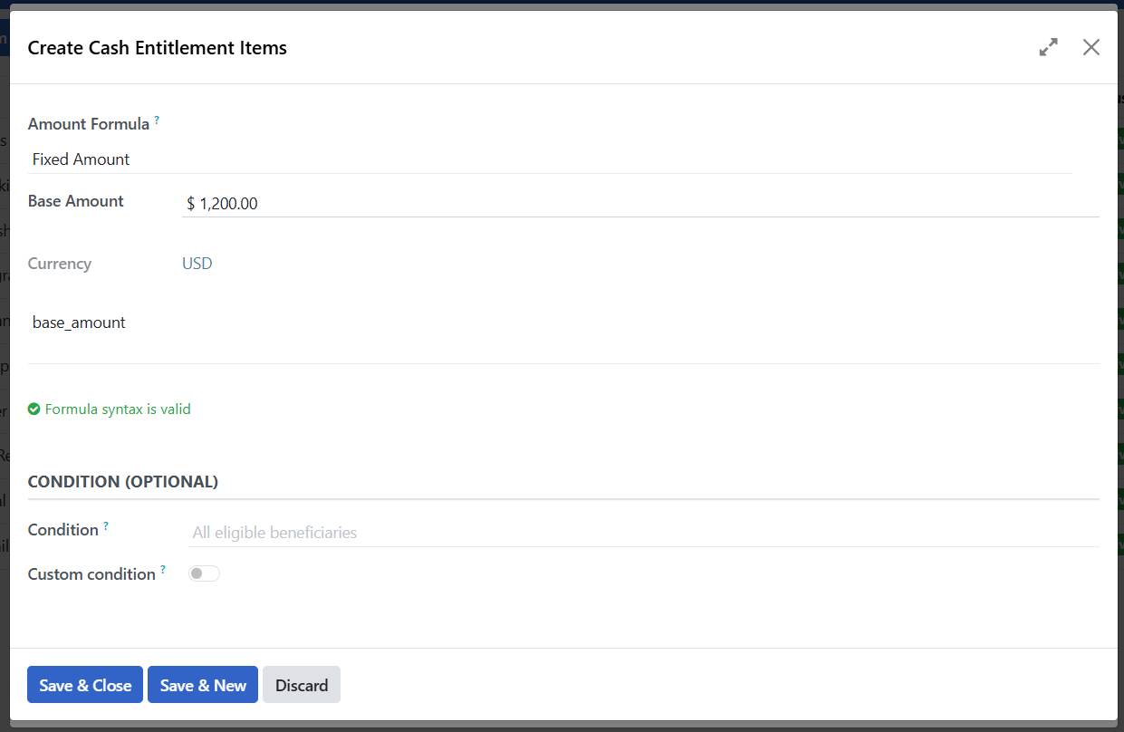 Entitlement configuration popup with amount formula and base amount