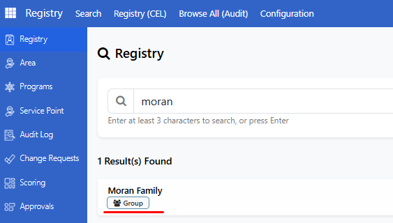 Search results showing new group