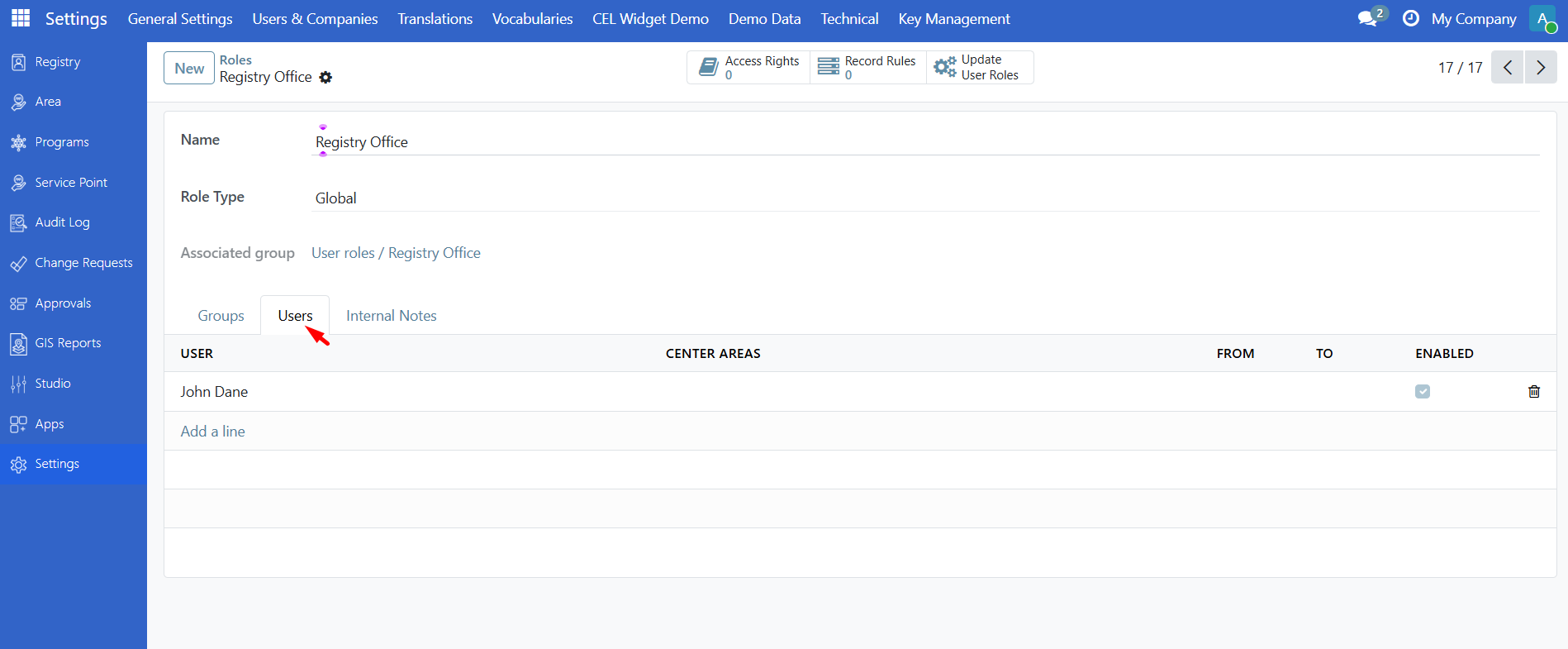 Role form Users tab