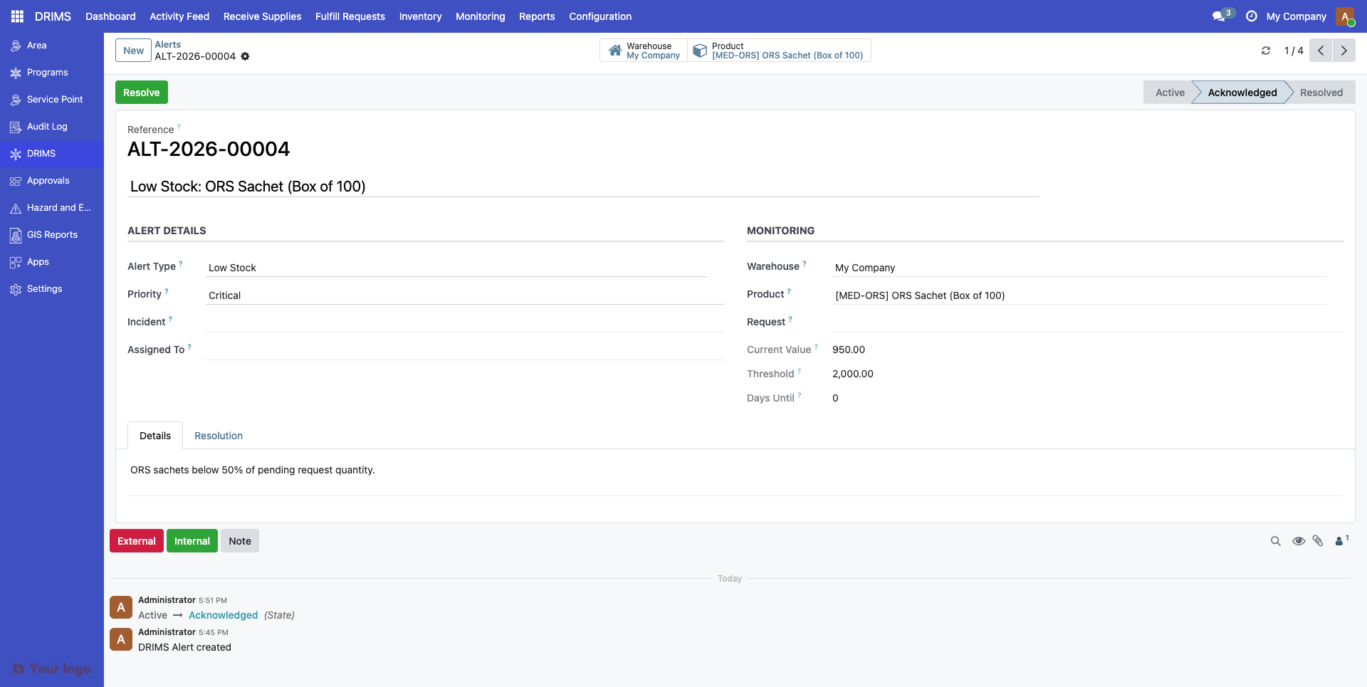 Screenshot: Resolve alert button