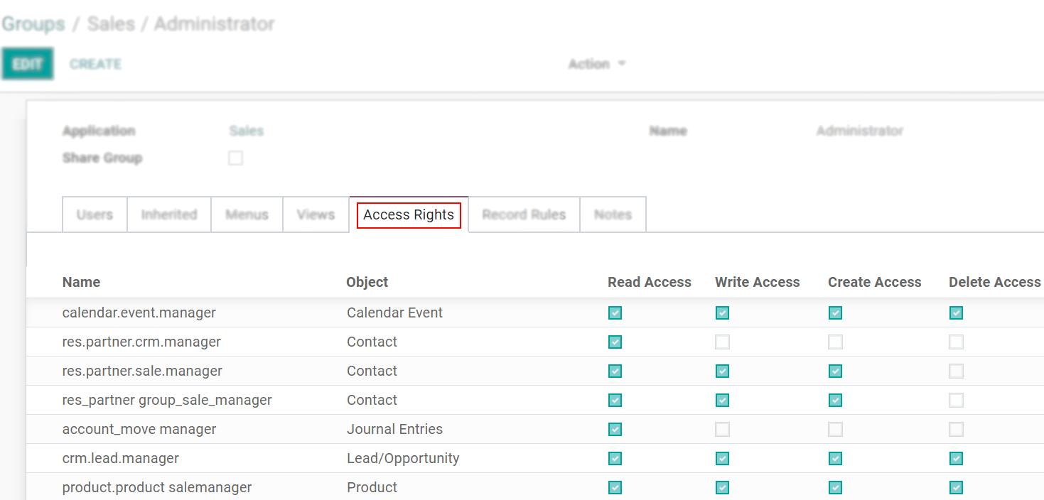 View of a group’s form emphasizing the tab access rights in OpenSPP