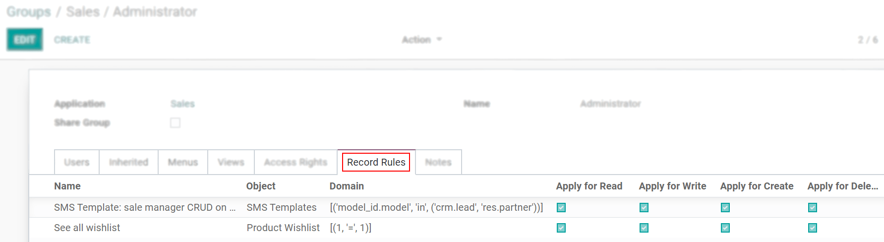 View of a group’s form emphasizing the tab record rules in OpenSPP