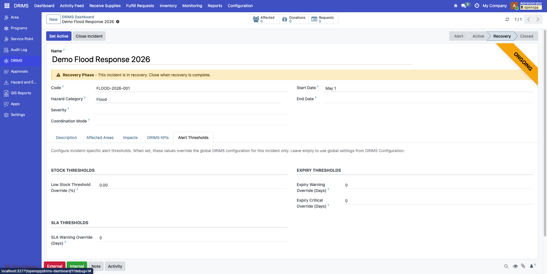 Screenshot: Incident alert thresholds tab