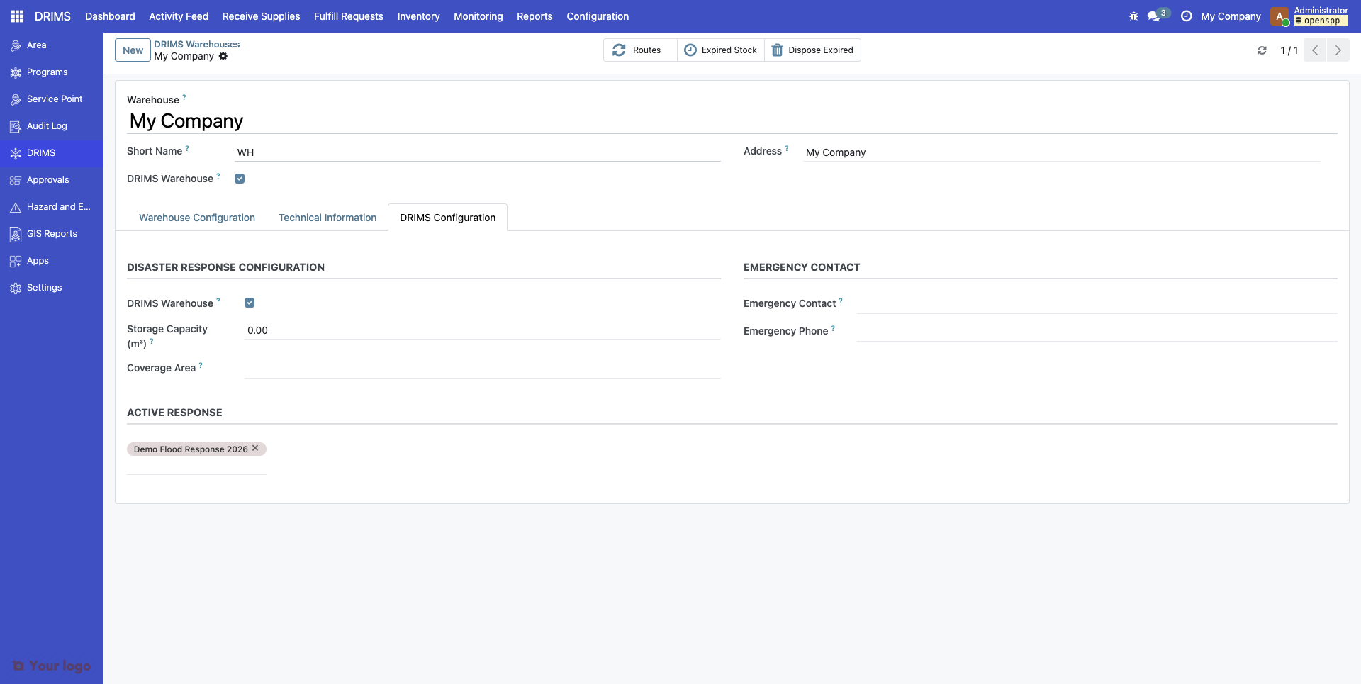 DRIMS Configuration tab with Active Incidents