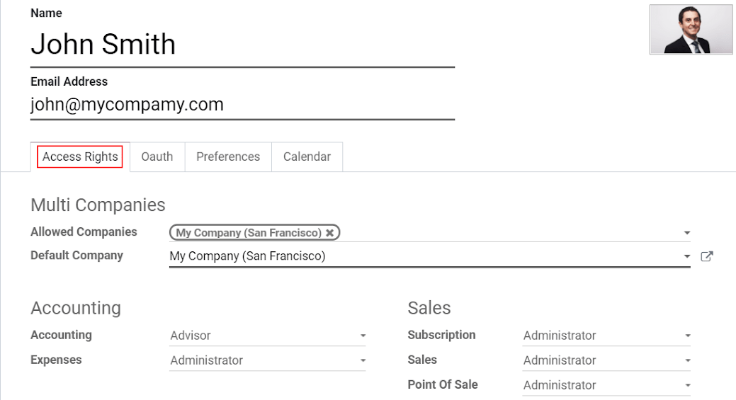 View of a user’s form emphasizing the access rights tab in OpenSPP